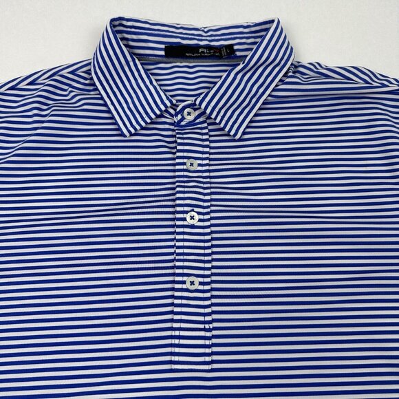 RLX Ralph Lauren Polo Shirt Mens Large Golf Blue‎ White Striped Logo Sleeve - Picture 1 of 8